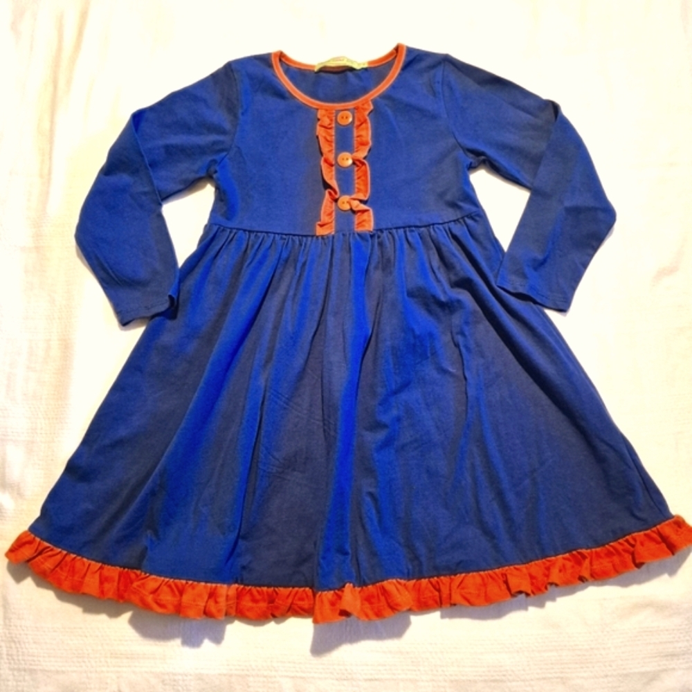 Millie Loves Lily girls size 6 navy with burnt orange ruffle trim dress EUC